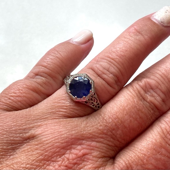 Vintage 3 Carat Sapphire Ring, 14k White Gold Filigree, Sz 6 EUC - Picture 4 of 13